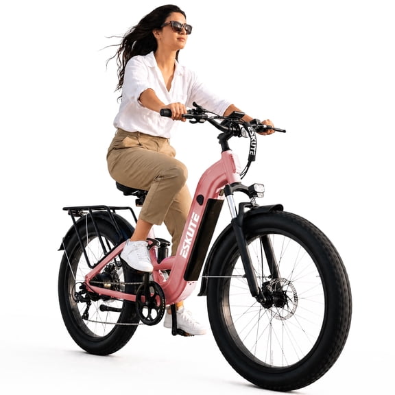 ESKUTE 750W Electric Bike for Adults – 20 MPH, 80-Mile Range, 48V 20.8Ah Battery, 26"x4.0" Fat Tires, Full Suspension, Step-Thru, 8-Speed – Pink