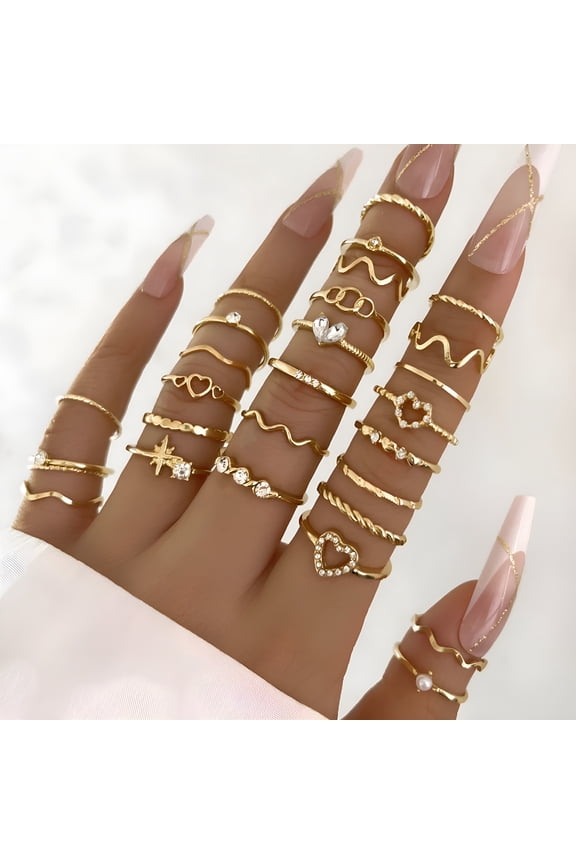 28 Packs Stackable Gold Rings for Women, Gold Stacking Ring Set Vintage Boho Ring Set Butterfly Heart Pearl Rhinestone Stackable Statement Rings for Women