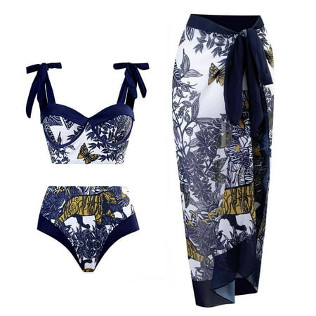 YOTMKGDO Tankini Swimsuits For Women  Women 2 Piece Swimwear+1 Piece Cover UP Two Piece Vintage Print Swimsuit Monokini Bikini 3 Piece Swimsuits Tankini Set  Dark Blue+M