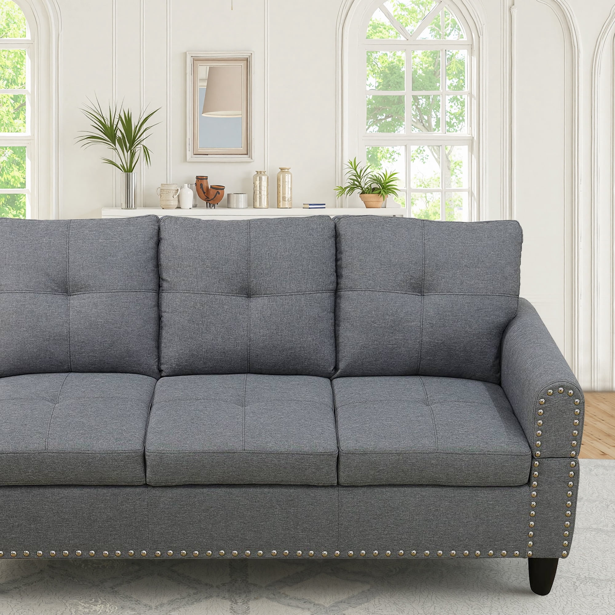 MAYEERTY 97.5" Sectional Sofa with L-Shape Chaise, 3-Piece Linen Sofa Couch for Living Room, Grey