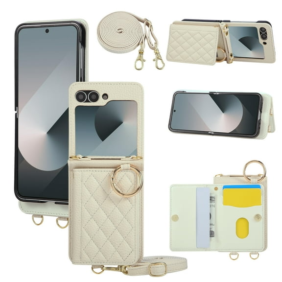 for Samsung Galaxy Z Flip 7 FE / Z Flip 6 Adjustable Crossbody Strap Wallet Case with 4 Card Slots, PU Leather Back Cover, Stylish Kickstand Magnetic Heavy Duty Protection Girls Women, Beige