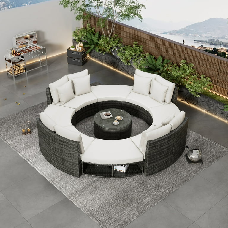 9 Piece Patio Furniture Set Outdoor Patio Conversation Set Luxury Circular Outdoor Sofa Set Rattan Wicker Sectional Sofa Lounge Set with Tempered Glass Coffee Table 6 Pillows Beige Walmart