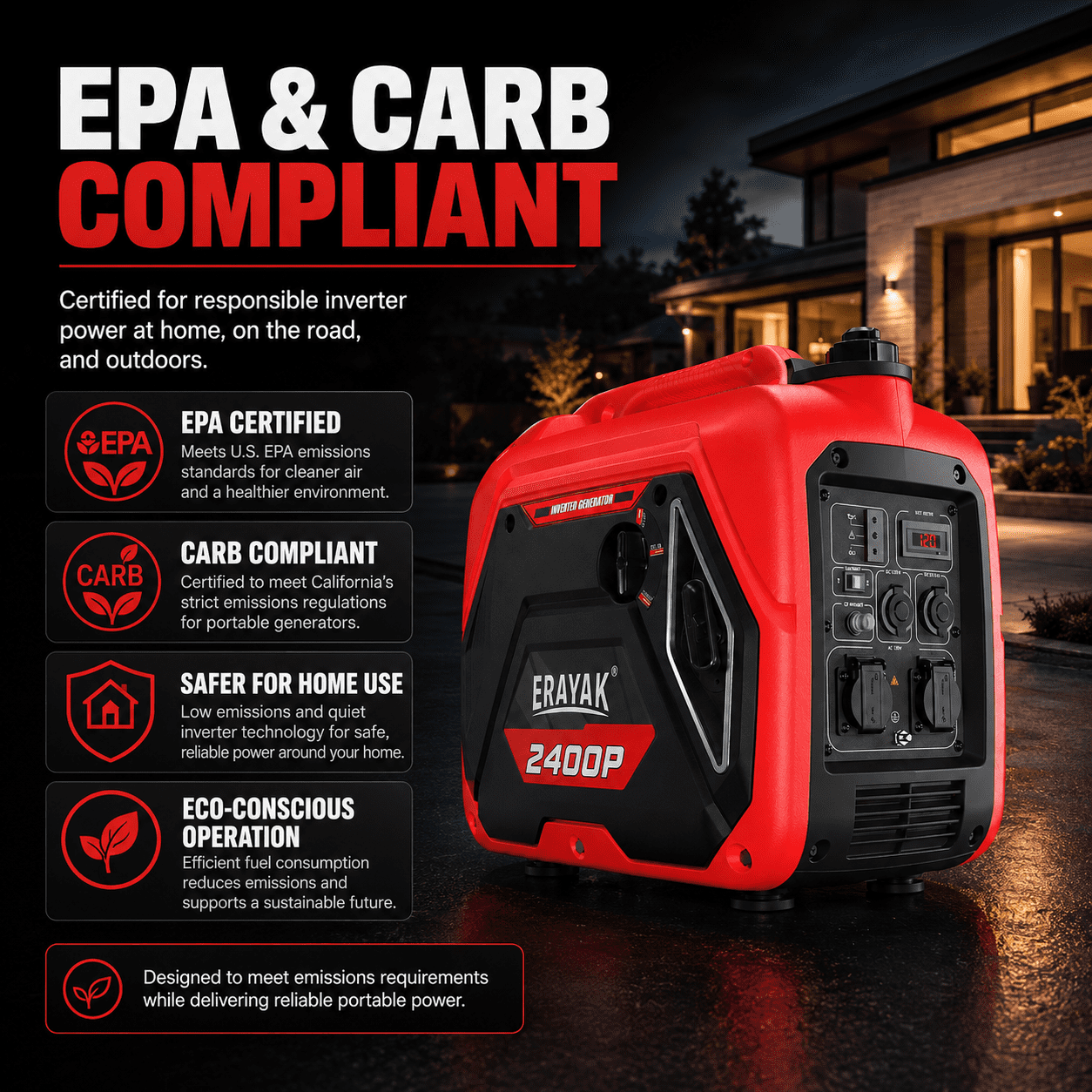 ERAYAK 2400W Portable Inverter Generator, Super Quiet Gas Powered Generator for Camping