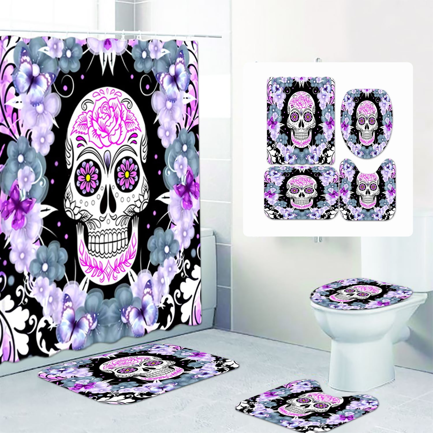 Skull Bathroom Mat Set Set of 3pcs Pedistal Bath Mat and Toilet Cover New #6 