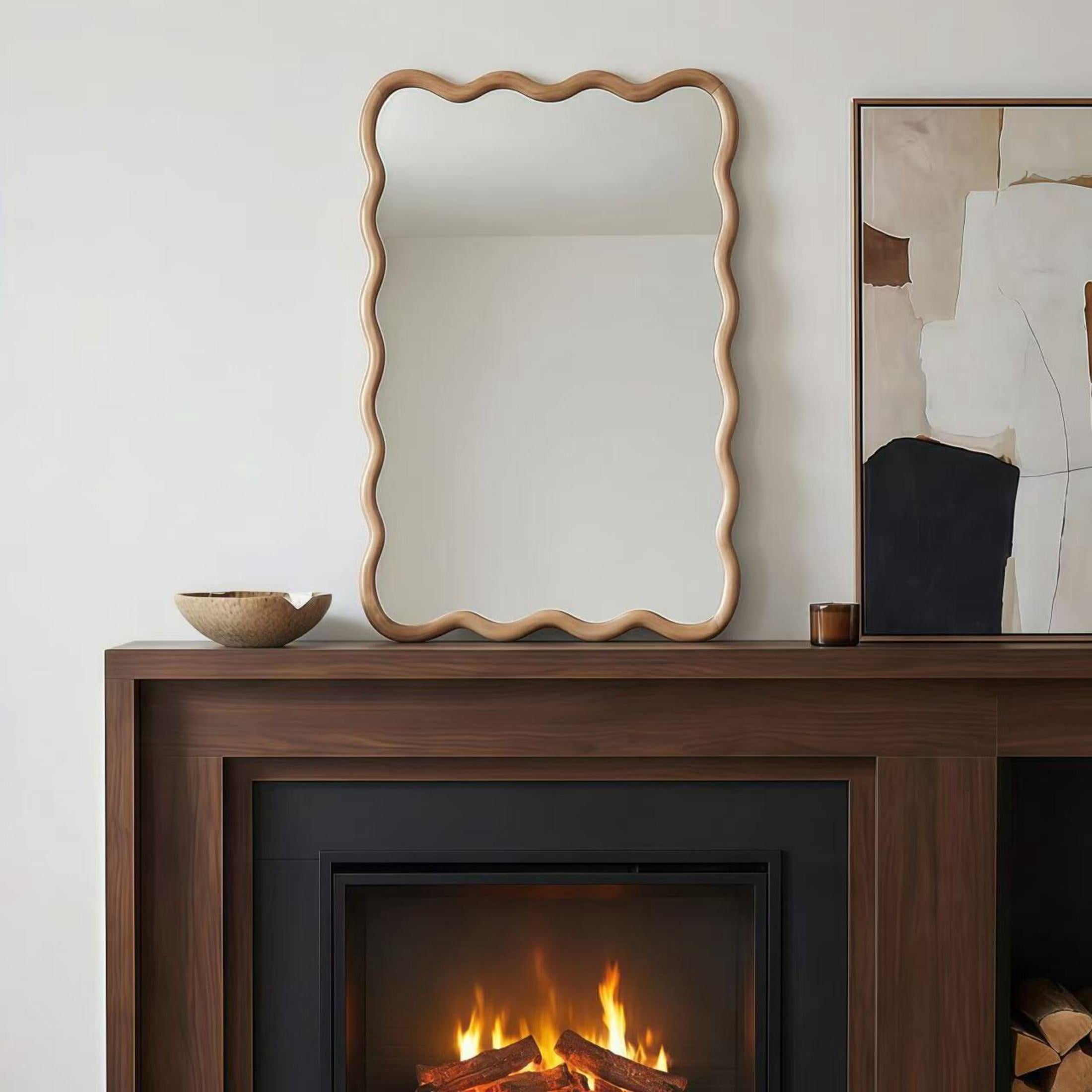 Noble House 20"x30" Wavy Rectangle Wall Mirror, Solid Wood Decorative Vanity Mirror, Natural