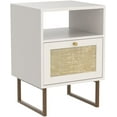 thumbnail image 3 of Rattan Nightstand, Modern Boho Farmhouse Wood Bedside Table with Storage Drawer and Open Shelf, Small Gold Frame Side End Table for Bedroom, Living Room, Office(White), 3 of 7