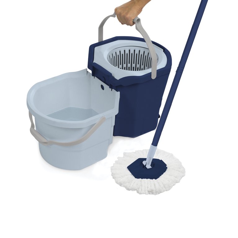 Red and White Microfiber Flat Mop and Bucket System with Broom