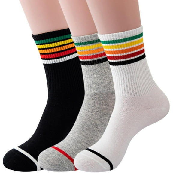 PIKADINGNIS 3 Pairs Athletic Socks for Women 5-10 Cute Rainbow Retro Vintage Striped Casual Cotton Calf Tube Trendy Skating