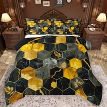 Feelyou Modern Marbling Abstract Full Size Comforter Sets, Black Gold Honeycomb Bedding Comforter Set, Fashion Artwork Reversible Bedding Sets, Super Cozy Room Decor, 3 Pieces