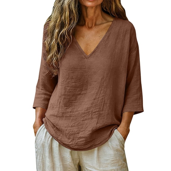 Womens 3/4 Sleeve Summer Tops Work Clothes Business Casual Outfits Cotton Boho Tops Work Tees Peasant Tops for Women Office Work Tops Cotton Linen Lightweight Tops Brown L