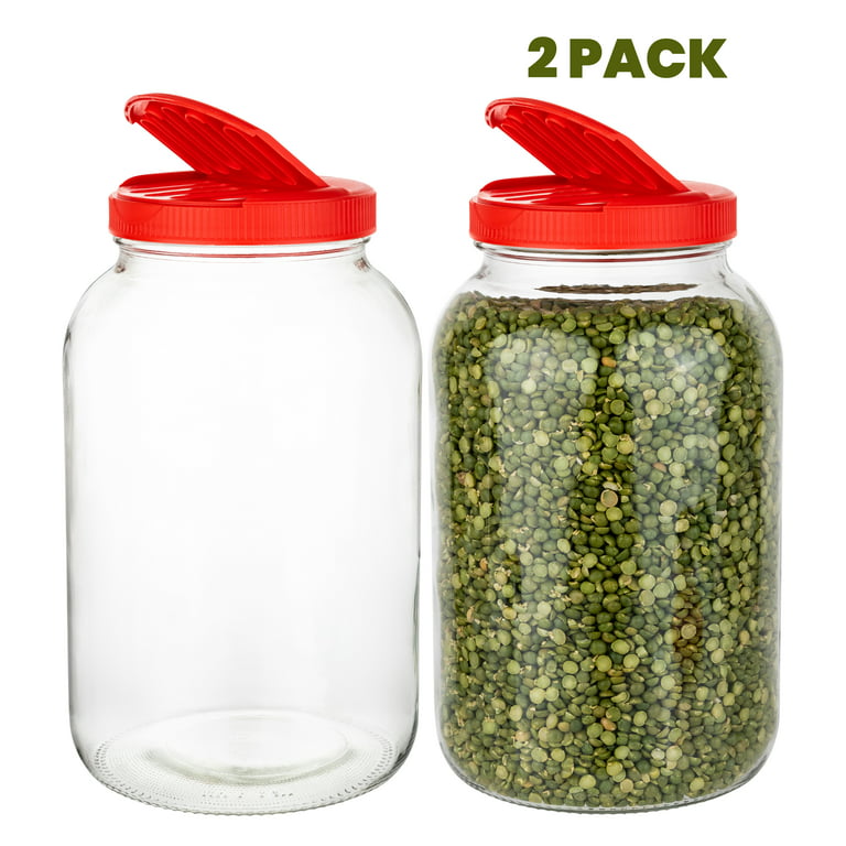 2 Pack - 1 Gallon Mason Jar - Glass Jar Wide Mouth with Plastic Lid with  Red Slotted Pour Cap - Container for Storing Dry Foods, Spices, Pasta