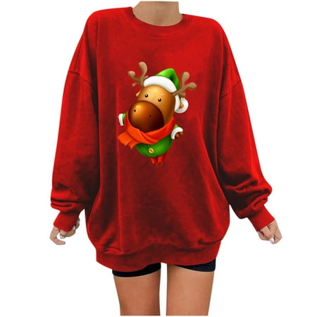 

jsaierl Sweatshirt for Women Christmas Printed Sweatshirt Plus Size Round Neck Long Sleeve Workout Tops for Women Lightweight Sweatshirts for Holiday