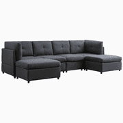 MUZZ Sectional Sofa, Modern Convertible Linen Sofa Couch, 118'' Sectional Sofa with Ottomans and Tufted Back Cushion, 6-Seater Sectional Couch for Living Room/Apartment(Dark Grey)