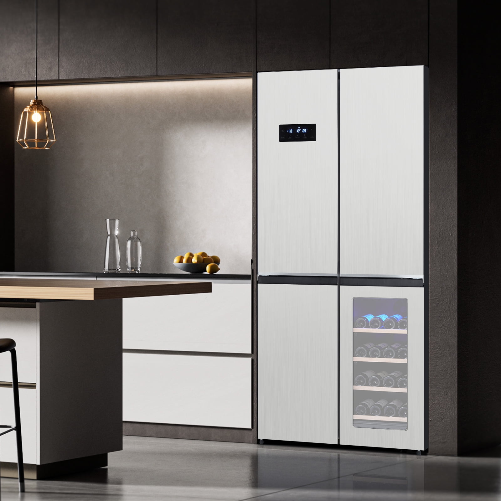 2024 New Stainless-Steel 4 Doors Fridges Kitchen-Freezer - 36 Inch French Door Refrigerator, 21 Cu.Ft. Counter Depth Refrigerator Bottom Freezer with Wine Cabinet and Adjustable Shelves