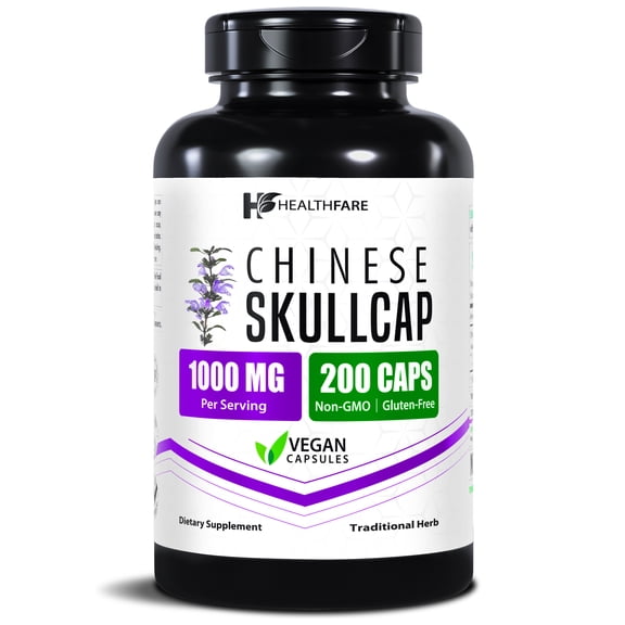 HealthFare Skullcap Extract 1000mg | 200 Vegan Capsules | Extra Strength Formula | Non-GMO, Gluten-Free | Made in the USA