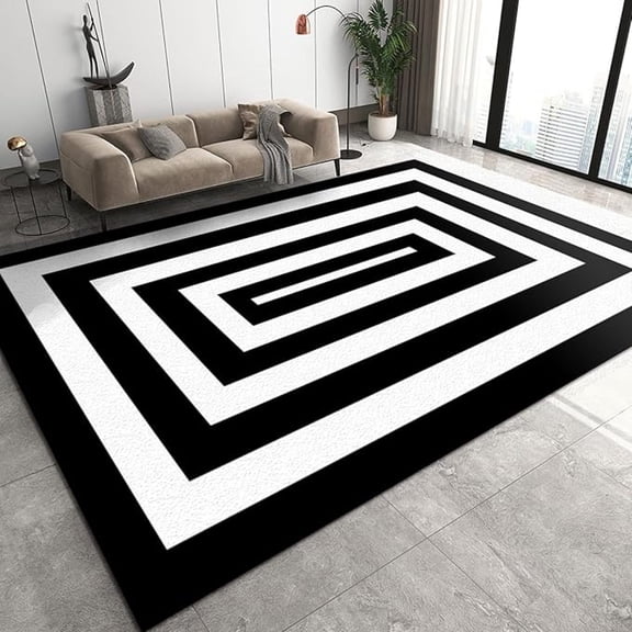 Black White Geometric Pattern Area Rug, Simple Stylish Non Slip Living Room Rug, Noise Reduction Machine Washable Carpet For Indoor Bedroom Office Decor Mat 5x7ft