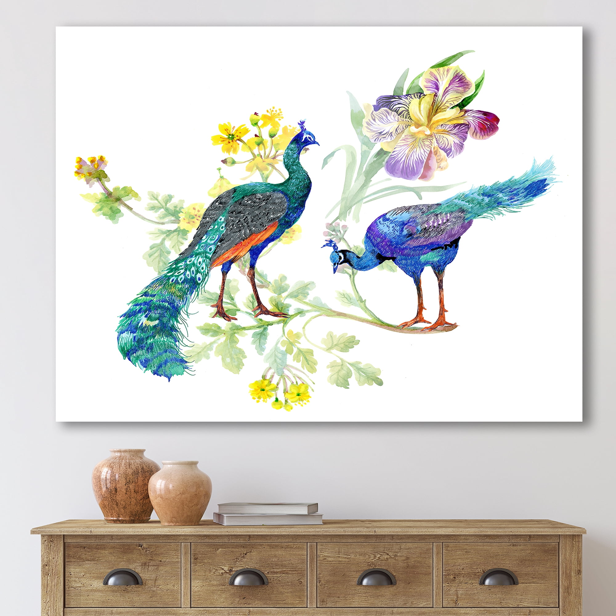 Designart ' Iris Flowers and Peacocks ' Traditional Canvas Wall Art Print