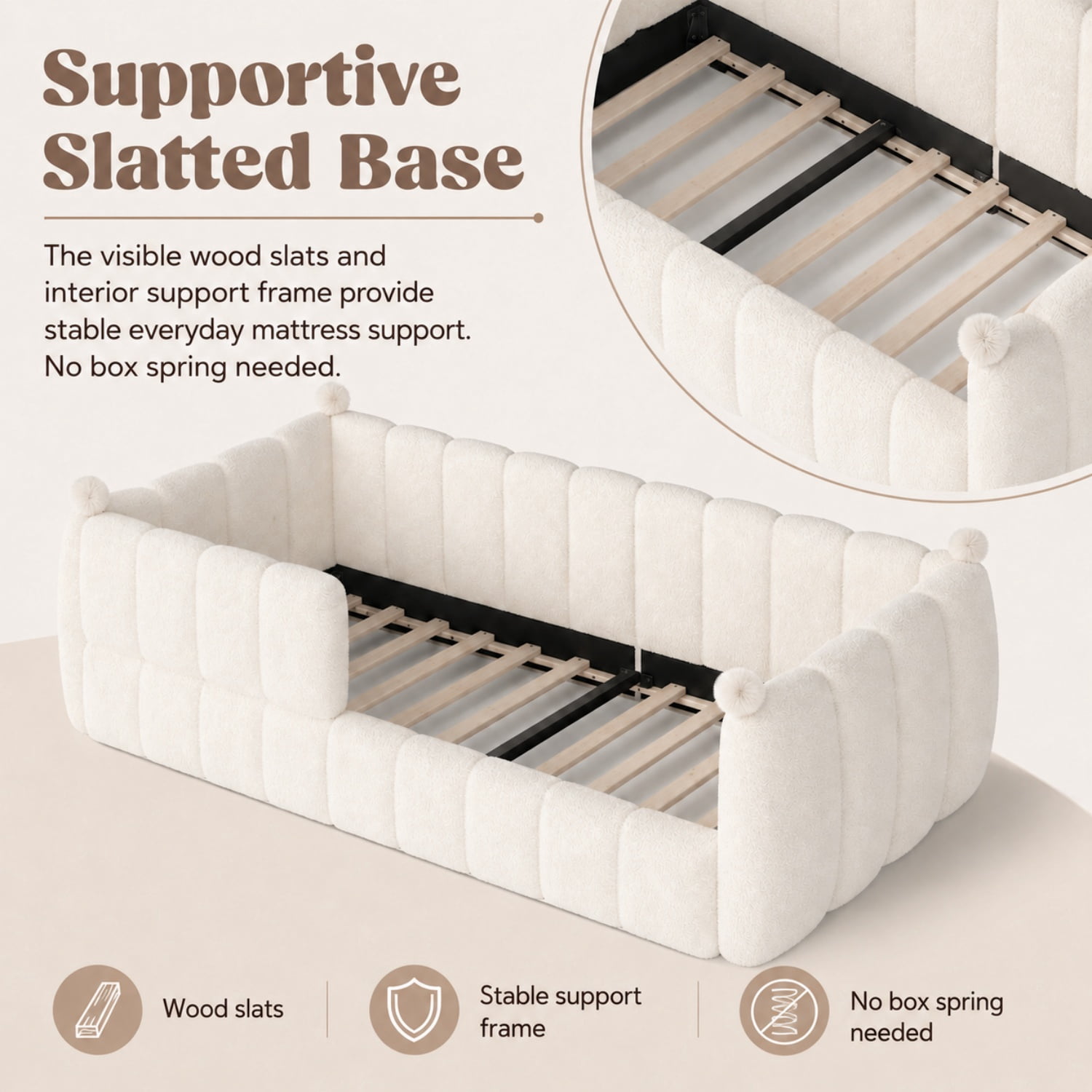 Miniyam Twin Size Kids Floor Bed with Soft Upholstered Guardrails, Low-to-Ground Montessori Bed Frame, Beige