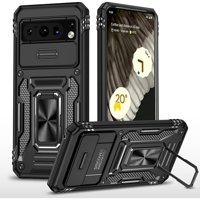 KOMI Case for Google Pixel 9/ 9Pro/ 9ProXL, Ring Holder Case with Magnetic, Lens Sliding Push Window Phone Case Slim Shock Protection (Black, 9 Pro XL)