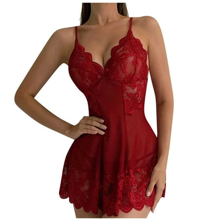 

BIZIZA Womens Chemise Nightdress Sexy Lingerie Babydoll Lace Nightgown V Neck Red XL