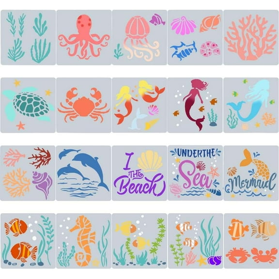 20 Styles Ocean Creatures Stencils Painting Template Seahorse Drawing Stencil 5x5 Reusable Dolphin Fish Coral Jellyfish Octopus Starfish Templates for Painting on Wood DIY Crafts diy