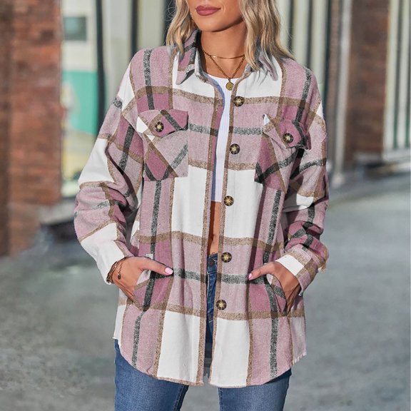 BEFOKA Plaid Jackets for Women Baggy Jacket Coats Trendy Winter Warm Lapel Coat 2025 Boyfriends Shirt Jacket Lightweight Cardigan Tops Outerwear Going Out Tops