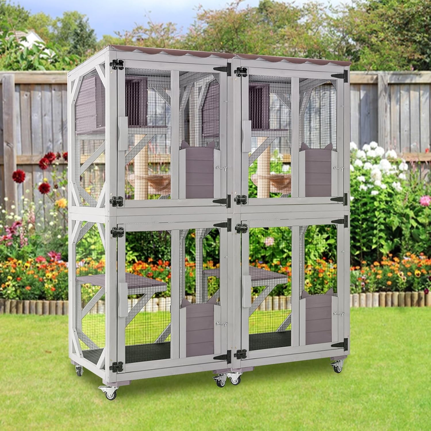 Aivituvin Cat Catio Outdoor Cat House Movable Large Enclosures on Exercise Wheels Kitty Cage with Upgraded Resting Box,Waterproof Cover