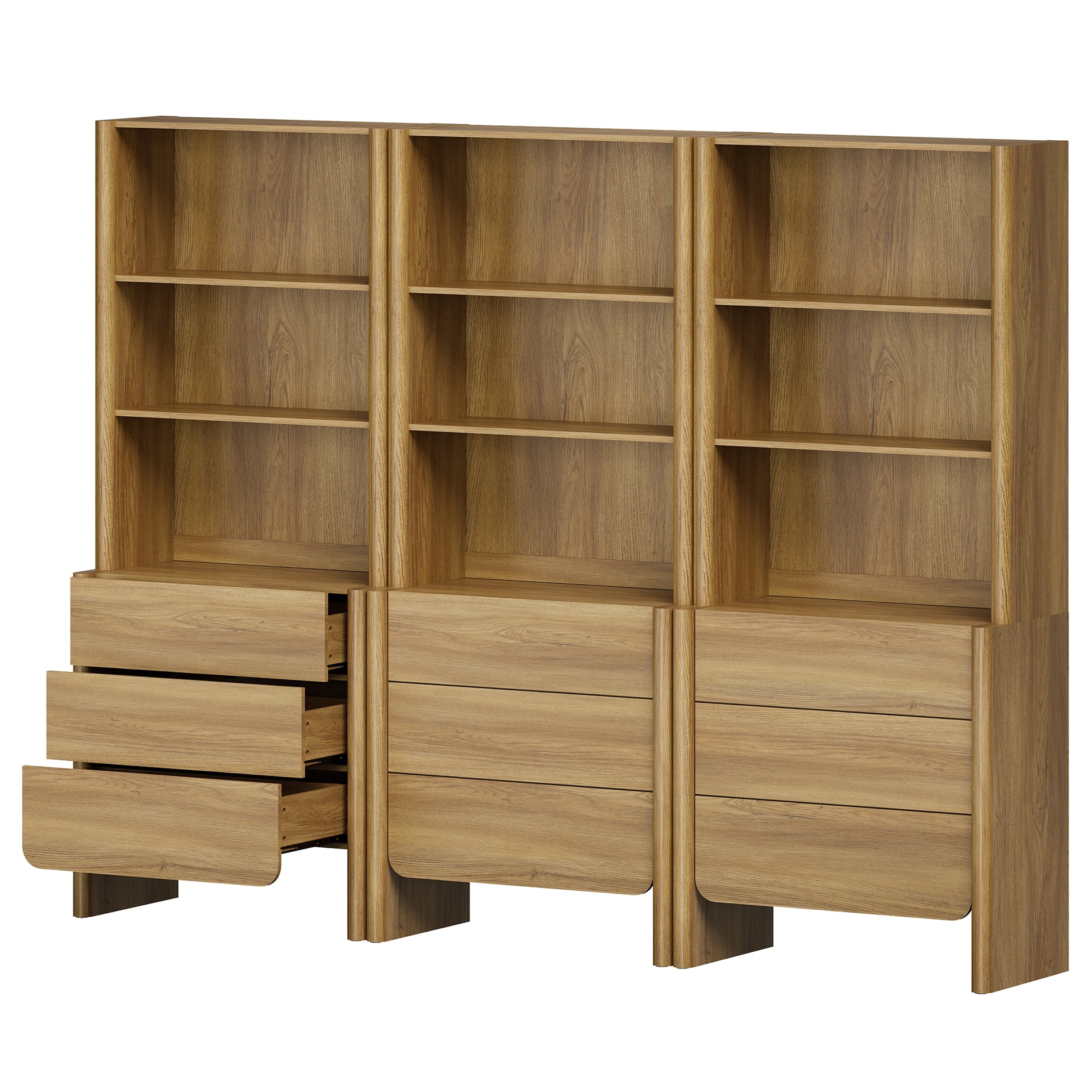 94.5-Inch Modern French Bookcase with Curved Edges, 9 Drawers and Open Shelving, 72.8" Tall, Walnut