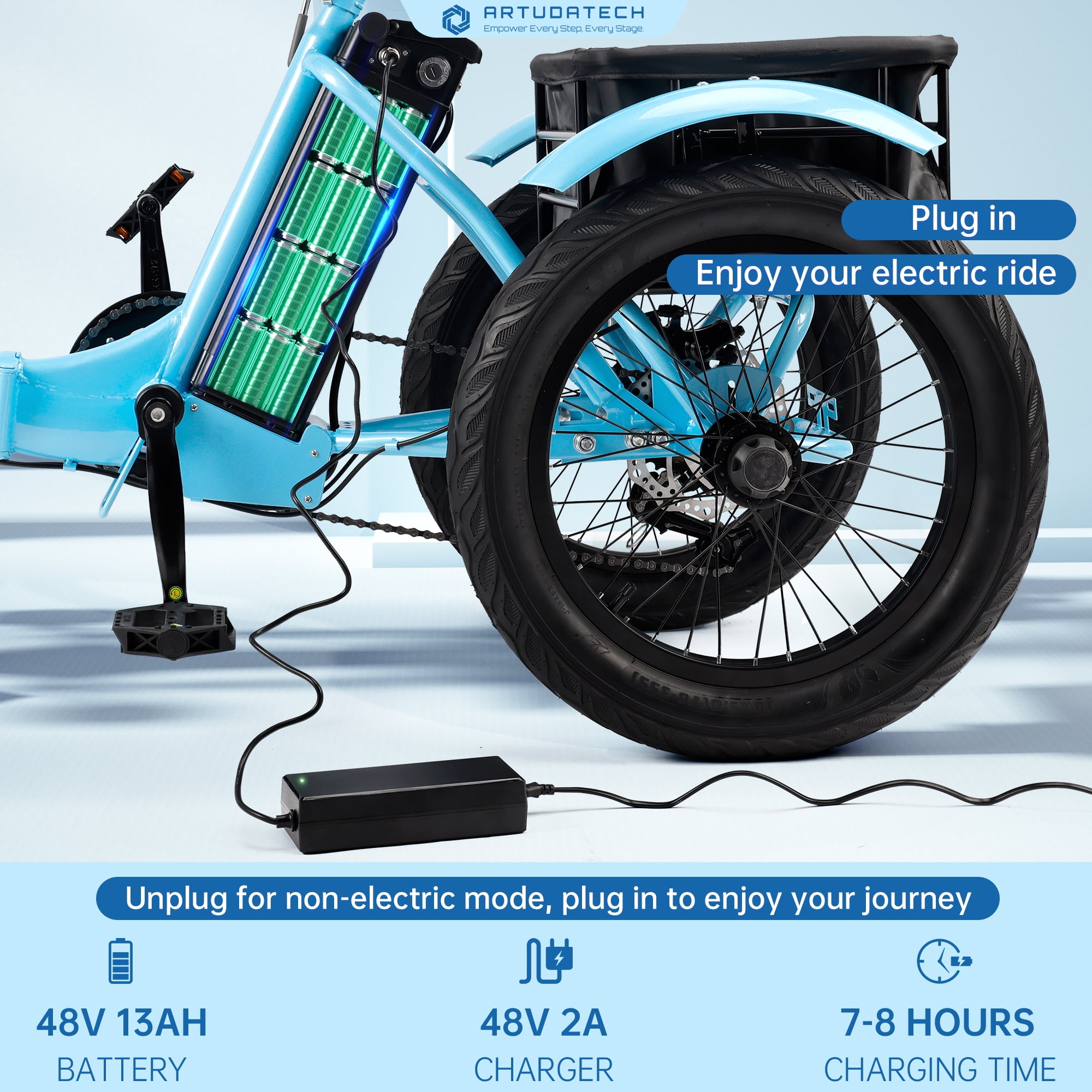 VIPQV Blue Electric Tricycle for Adults, 22MPH 27Miles 7-Speed Ebike, 3 Wheel Folding Electric Tricycle 18", Mountain E Bike, 350W Electric Trike 48V 13AH UL2849