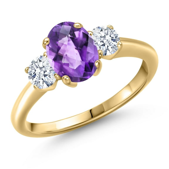 Gem Stone King 10K Yellow Gold Purple Amethyst and White Zirconia Engagement Ring for Women | 1.70 Cttw | Oval Checkerboard 8X6MM | Gemstone February Birthstone | Size 9