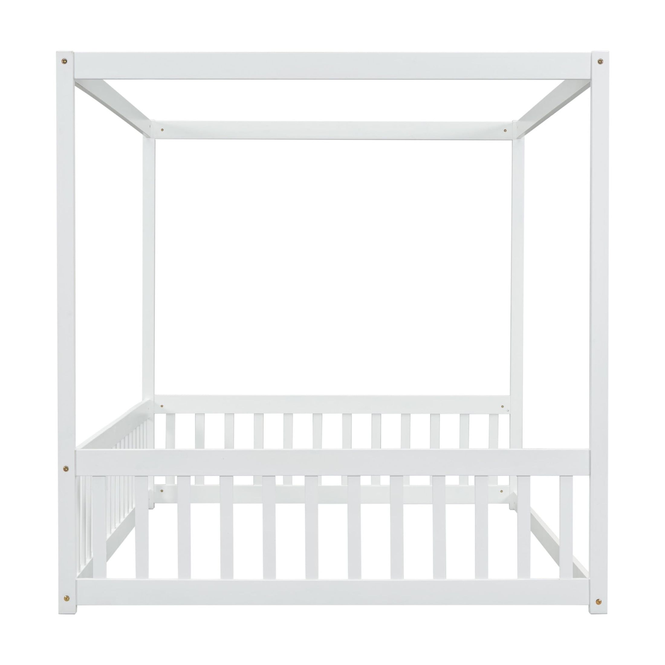 Noble House Dorris Full Canopy Floor Bed with Fence Guardrails, Solid Rubber Wood Montessori Bed, Kid's Room, White