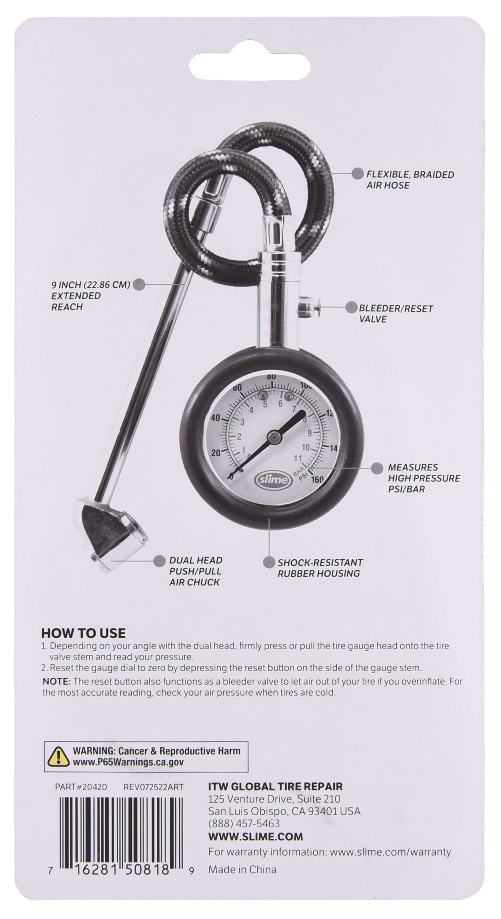 Slime Tire Gauge, Dual Head, Dial Gauge with Hose, Tire Sensor Safe, 10-160 Psi, Silver Color, 10.5" Long - 20420