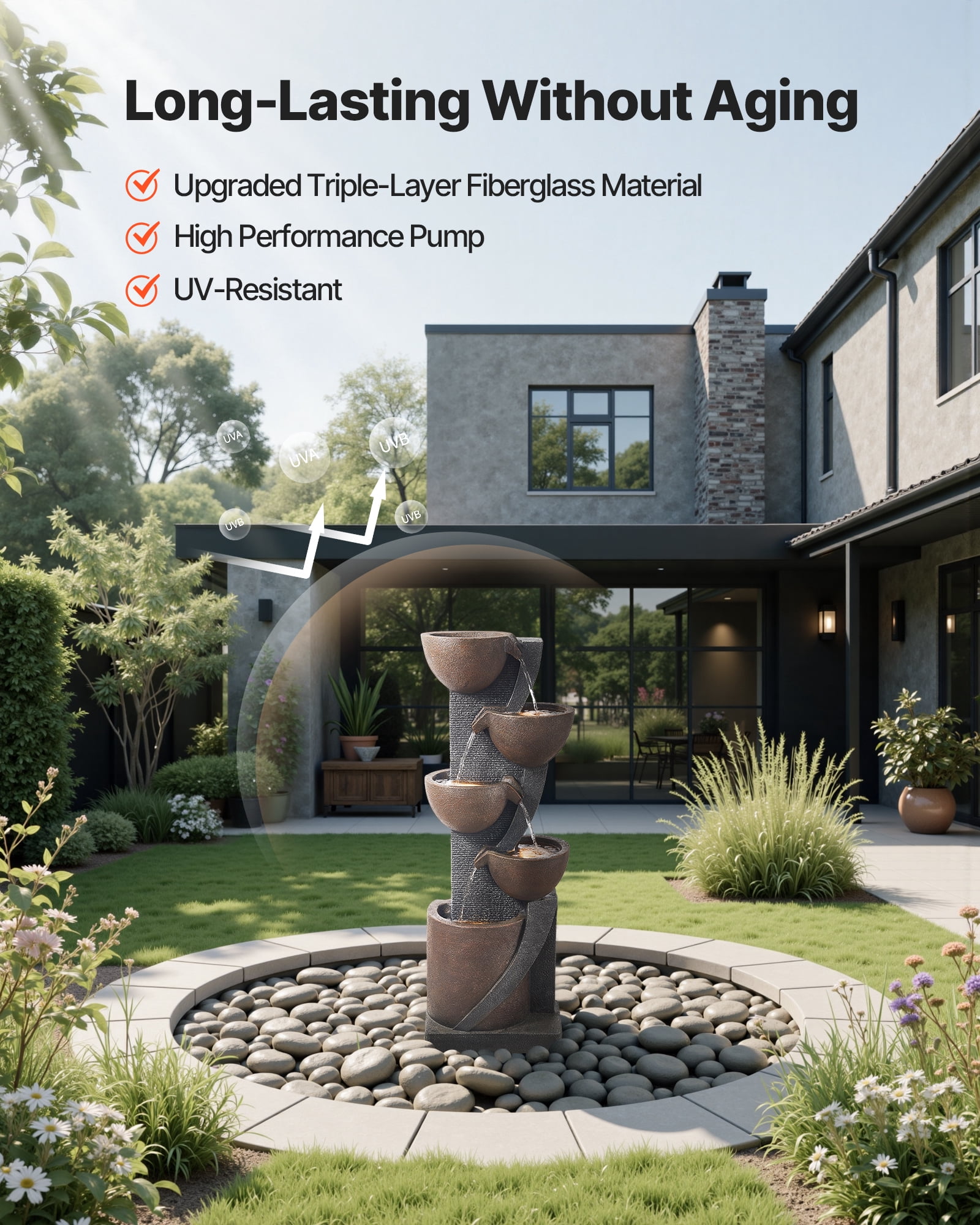 VEVOR Outdoor Water Fountain, 49.61 in Height Fountain and Waterfall, 5-Tier Floor Standing Jar-Shaped Cascading Fountains with LED Light and Pump, for Outdoor Indoor Garden, Home, Patio & Backyard