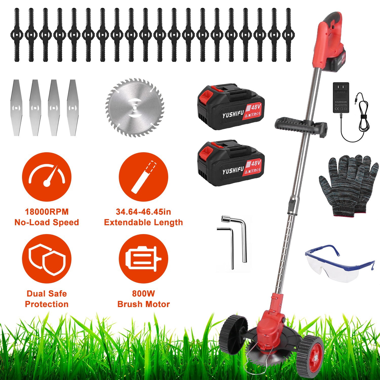 TeqHome String Trimmer Cordless Electric Weed Wacker with Wheels and 2x2.5Ah Battery and Charger Adjustable Head Extendable Length Grass Trimmer for Lawn Garden Yard