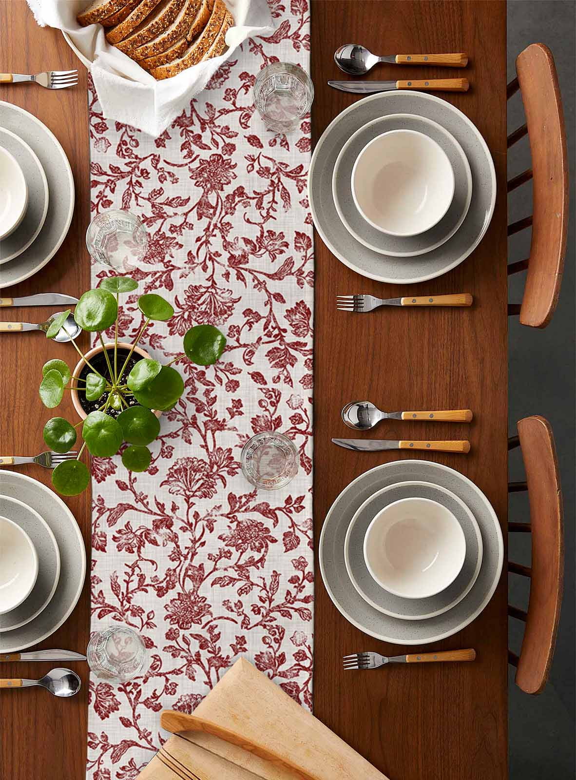 Farmhouse Red Burlap Cotton Table Runner 13x90 Inches Long, Vintage Flower Leaf Botanical Plant Farmhouse Table Runners, Outdoor Dining Tablecloths Decor for Baby Shower/Party/Wedding