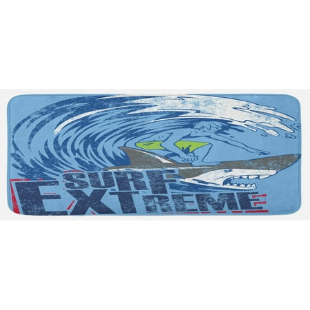 

Vintage Kitchen Mat Extreme Sports Theme Vintage Illustration of a Surfer and a Shark Pattern Plush Decorative Kitchen Mat with Non Slip Backing 47 X 19 Blue and Dark Blue by Ambesonne
