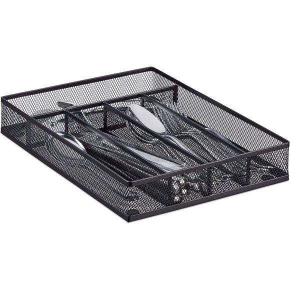 Drawer Organizer, Cutlery Tray Silverware Flatware Storage Divider for Kitchen, Mesh Wire with Non slip Foam Feet, 5 Component