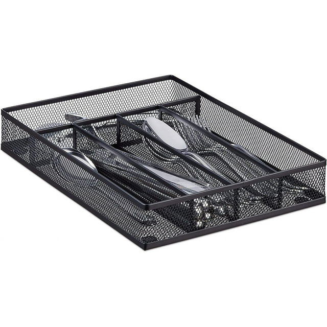 Drawer Organizer, Cutlery Tray Silverware Flatware Storage Divider for Kitchen, Mesh Wire with Non slip Foam Feet, 5 Component