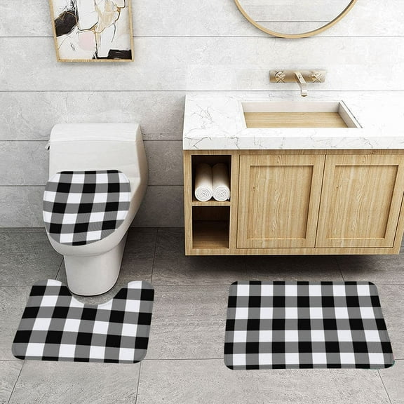Plaid Bath Mat Vintage White Black Gingham Checkered Tartan Buffalo Check Bathroom Mat Set 3 Piece Non Slip Rug Toilet Lid Cover