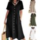 thumbnail image 2 of Female Dress with Pocket Cotton Linen Seaside Vacation V Neck Short Sleeve Skirt Comfortable Dress for Taking Photo White 5XL, 2 of 4