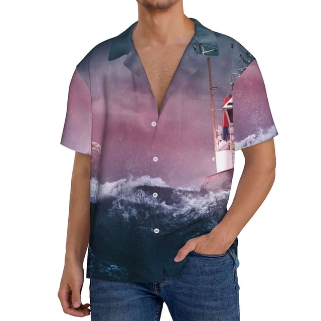 Fotbe Boat Lighthouse Storm Waves Camisa Estampada de Manga Corta para Hombre, Casual de Verano, Estilo Playero, Sin Arrugas-Medium