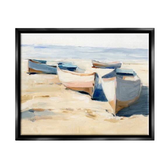 Stupell Industries Boats on Beach Painting Transportation Painting Black Floater Framed Canvas Art Print Wall Art, 21 x 17