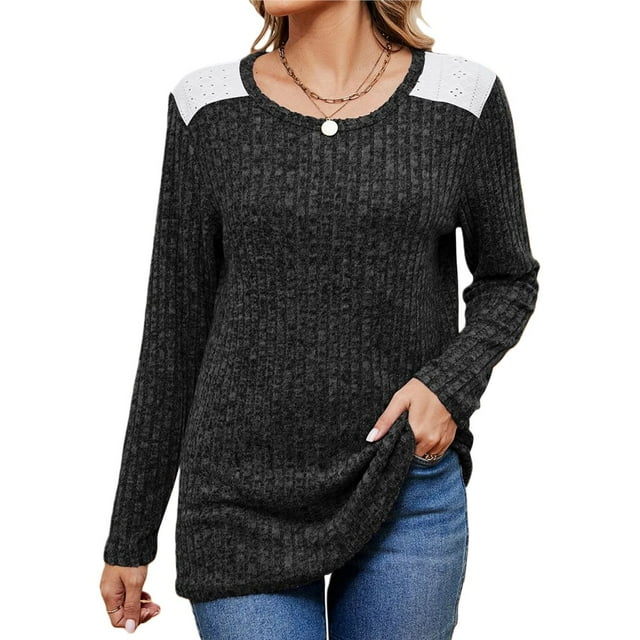 Camisas de Larga y Cuello Redondo para Mujer, Corte Holgado, Estilo Túnica Informal Elegante, Suéter, Ropa de Otoño e Invierno Negro XXL