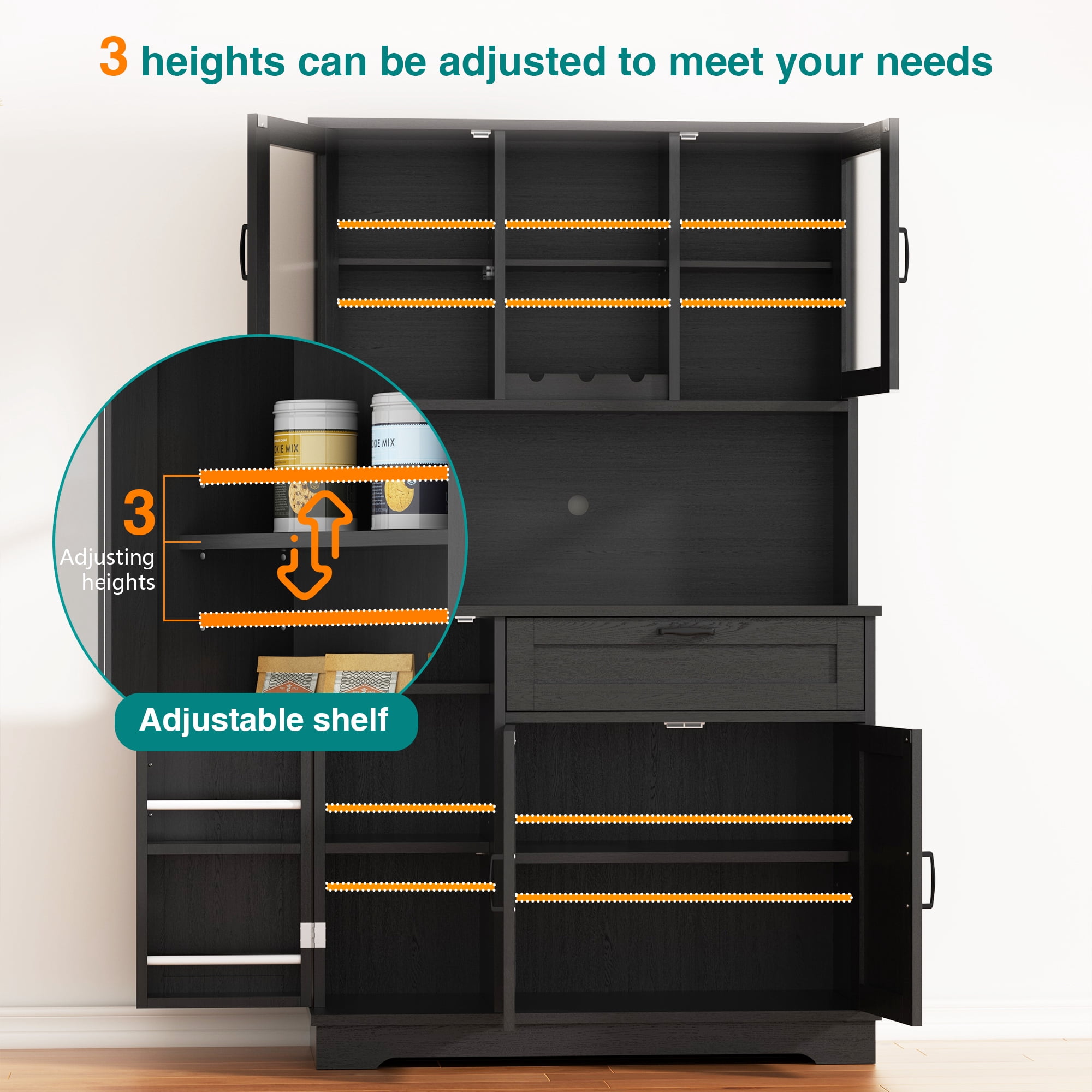 Walsunny Pantry Cabinet with Microwave Shelf Doors Drawer for Kitchen Storage 68" Tall Kitchen Food Cabinet Pantry Organizer Shelves Coffee Bar Cabinet with Hutch Black
