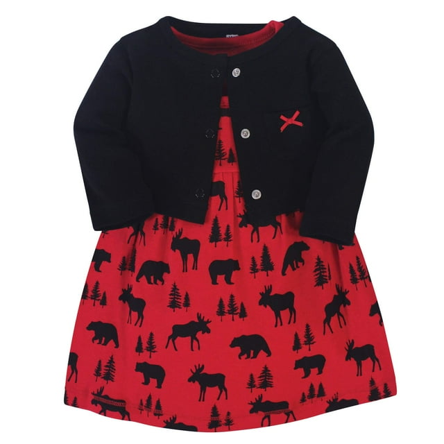 Hudson Baby - Conjunto De Vestido Y Cárdigan De Algodón Para Niña, Diseño De Oso De Alce Rojo, 3 Niños Pequeños
