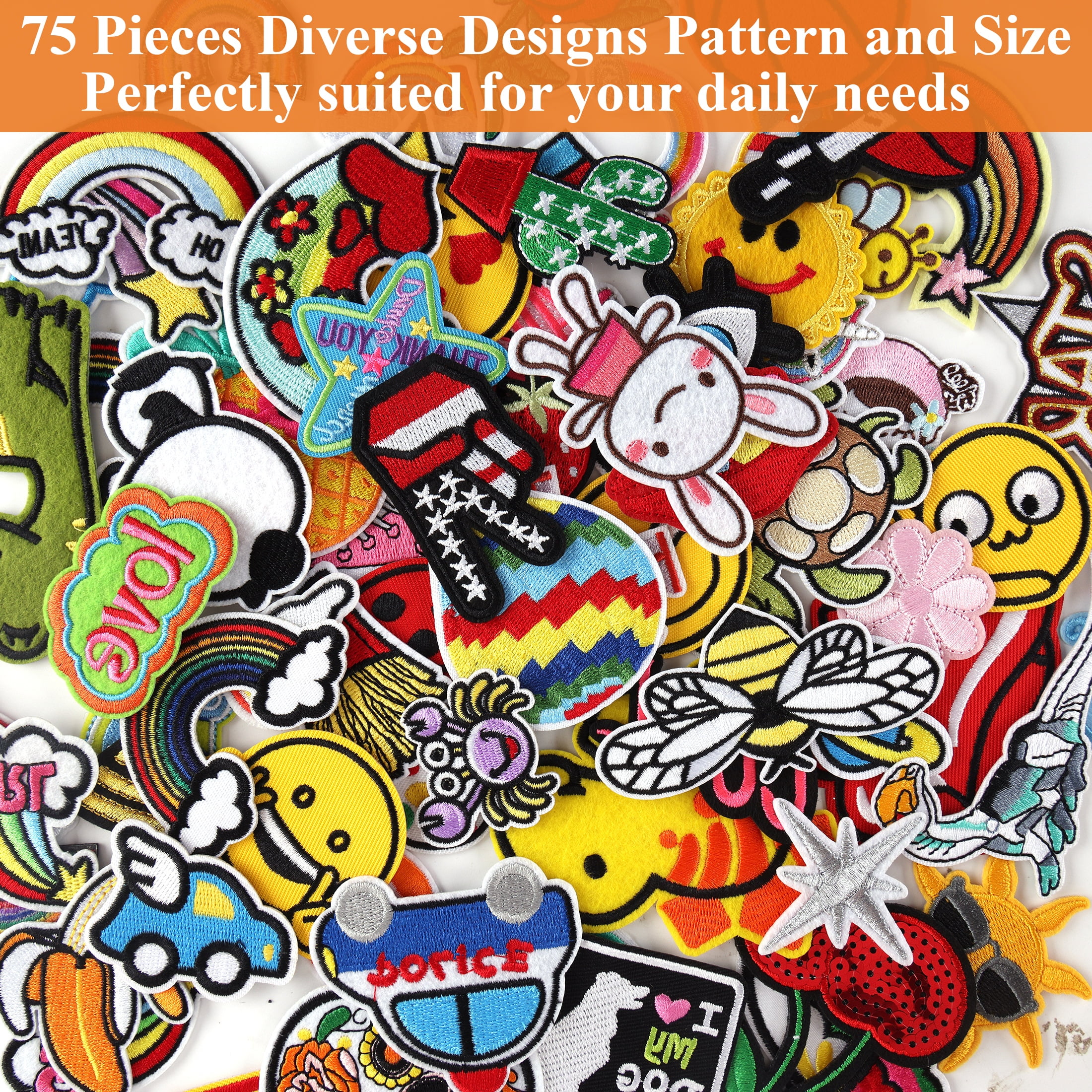 Yalumo 75Pcs Iron on Patches For Clothes, Random Assorted Styles Embroidered Patches Funny Iron on Patches Sew on/Iron on Patch Applique for Clothes, Dress, Hat, Jeans, DIY Accessories