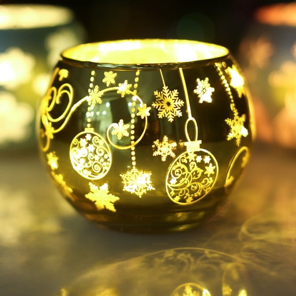 JingChun 1Pc Christmas Votive Candle Holder, Glass Tealight Holder with Laser Engraving Patterns for Winter Xmas Table Centerpiece Decor