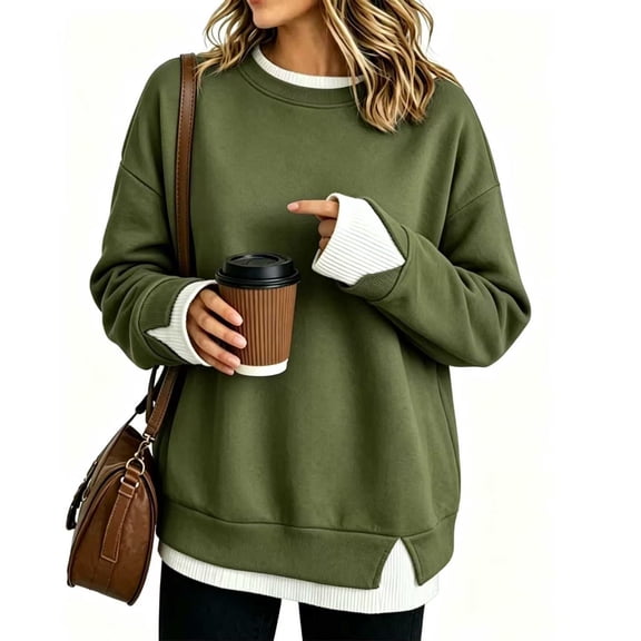 Women's Crew Neck Sweatshirt Long Sleeve Oversized Cozy Fleece Pullover Casual Loose Fit Winter Fall Layered Detail Top