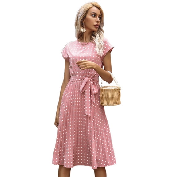 EASYBRA Women Polka Dot Midi Dress Short Sleeve A Line Casual Elegant Summer Dress
