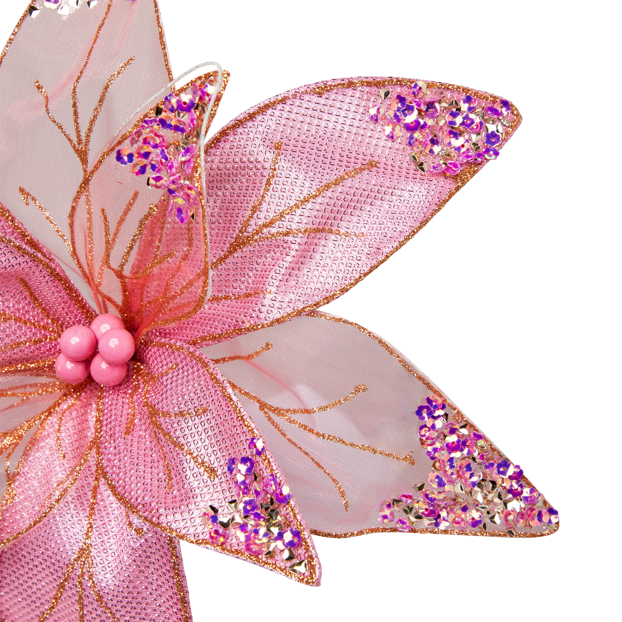 Glitter and Sequin Poinsettia Clip-on Christmas Ornament - 11.5" - Pink and Gold